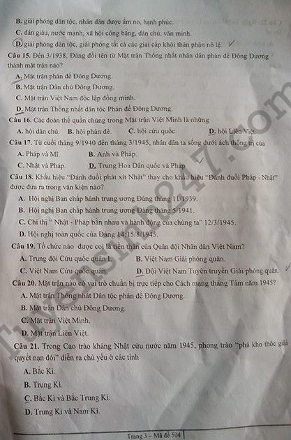 De thi ki 1 lop 12 mon Su nam 2017 - So GD Bac Giang