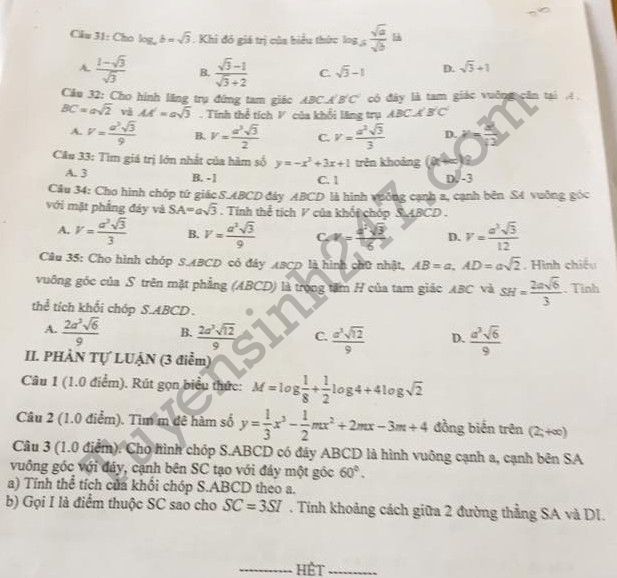 De thi ki 1 lop 12 mon Toan nam 2017 - 2018 THPT Viet Tri
