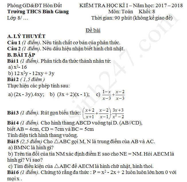 De thi ki 1 lop 8 mon Toan THCS Binh Giang 2017