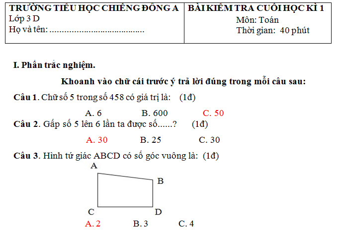 De thi ki 1 lop 3 mon Toan TH Chieng Dong A nam 2017
