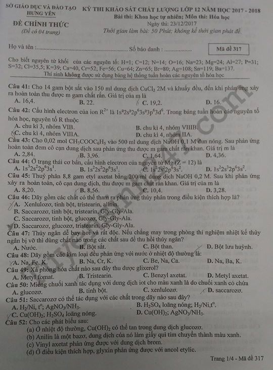De thi thu THPTQG mon Hoa 2018 So GD Hung Yen