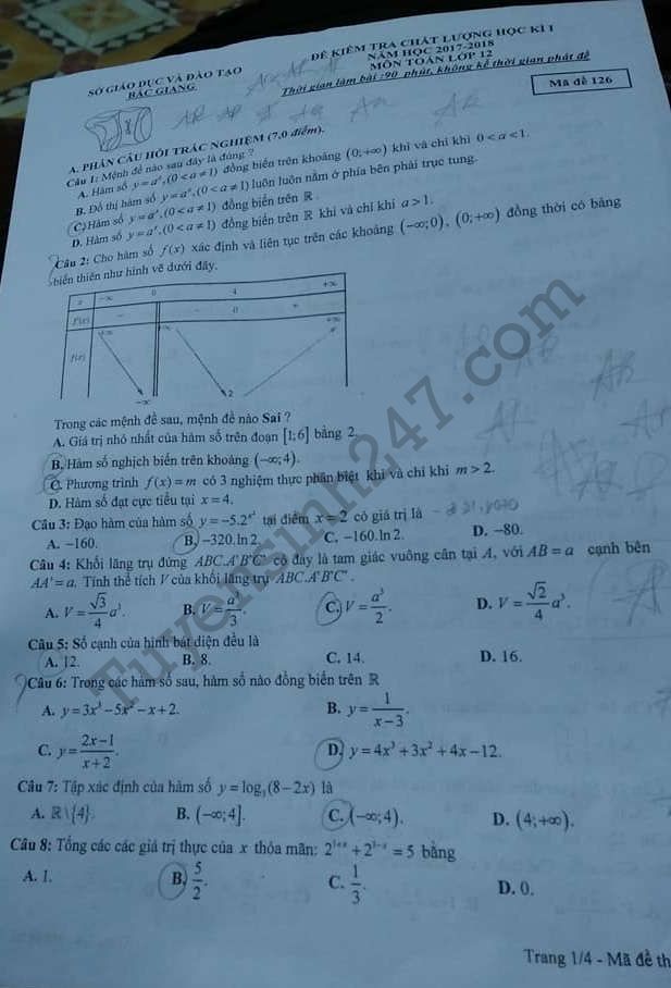 De thi hoc ki 1 lop 12 mon Toan - So GD Bac Giang 2017 - 2018