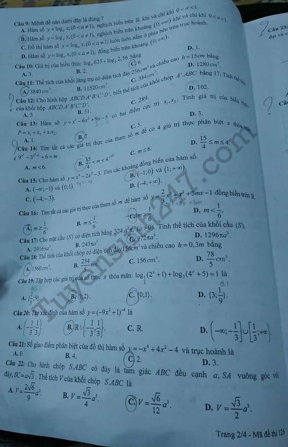 De thi hoc ki 1 lop 12 mon Toan - So GD Bac Giang 2017 - 2018