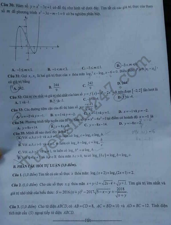 De thi hoc ki 1 lop 12 mon Toan - So GD Bac Giang 2017 - 2018