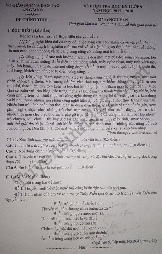 De thi ki 1 lop 9 mon Van - So GD An Giang nam 2017 - 2018