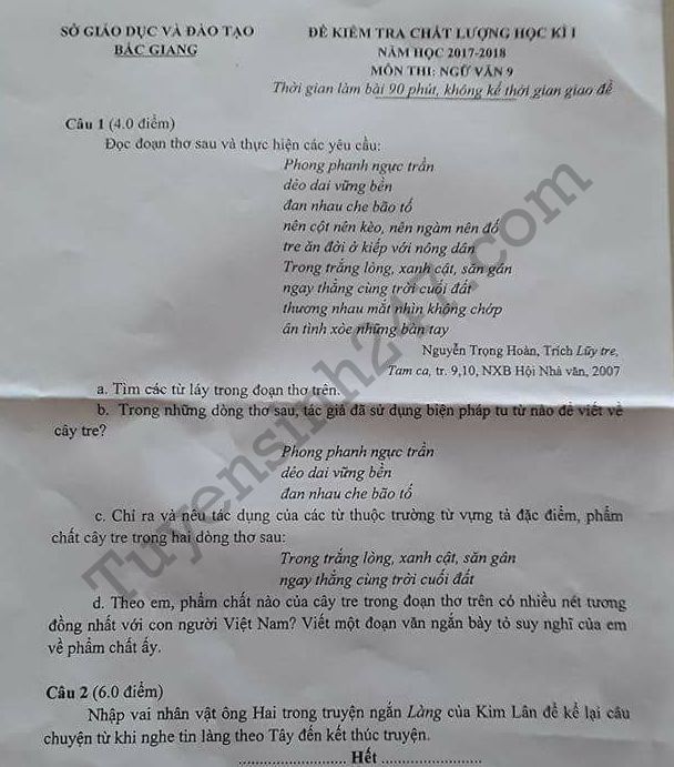De thi cuoi ki 1 mon Van lop 9 nam 2017 - 2018 So GD Bac Giang