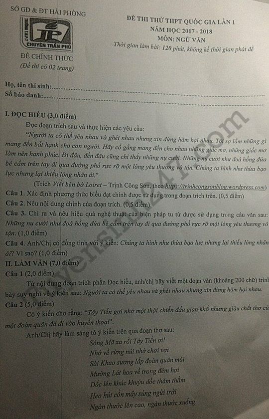 De thi thu THPT Quoc gia mon Van - Chuyen Tran Phu 2018 (Co dap an)