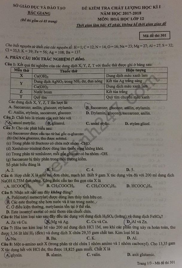 De thi ki 1 lop 12 mon Hoa So GD Bac Giang 2017 - 2018