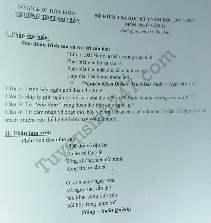 De thi ki 1 lop 12 mon Van THPT Sao Bay 2017 - 2018