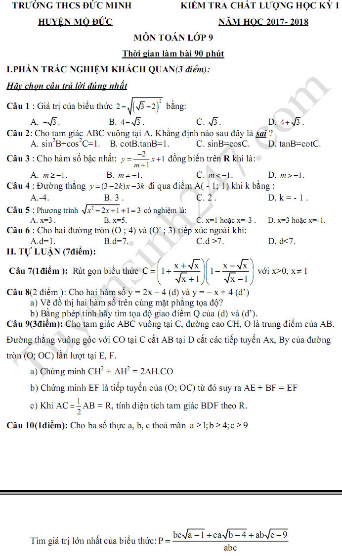 De thi ki 1 lop 9 mon Toan THCS Duc Trung 2017 - 2018