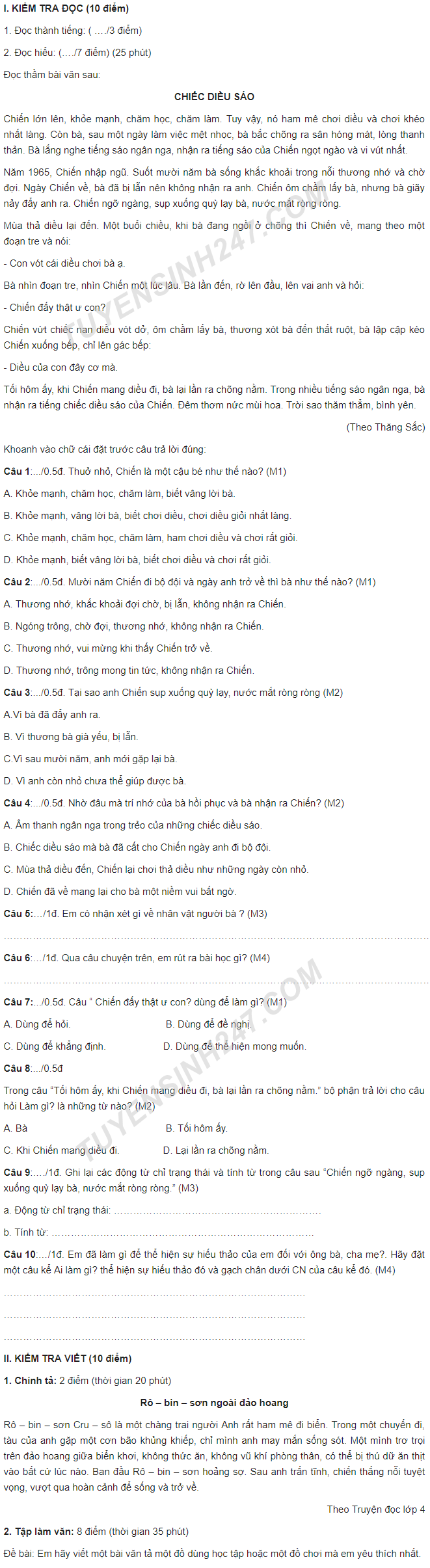 De kiem tra cuoi ki 1 lop 4 mon Tieng Viet - TH Tam Lap 2017 - 2018