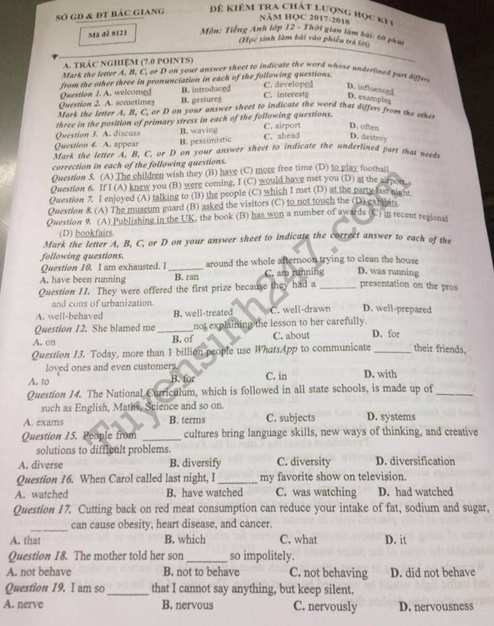 De thi ki 1 lop 12 mon Anh - So GD Bac Giang 2017 - 2018