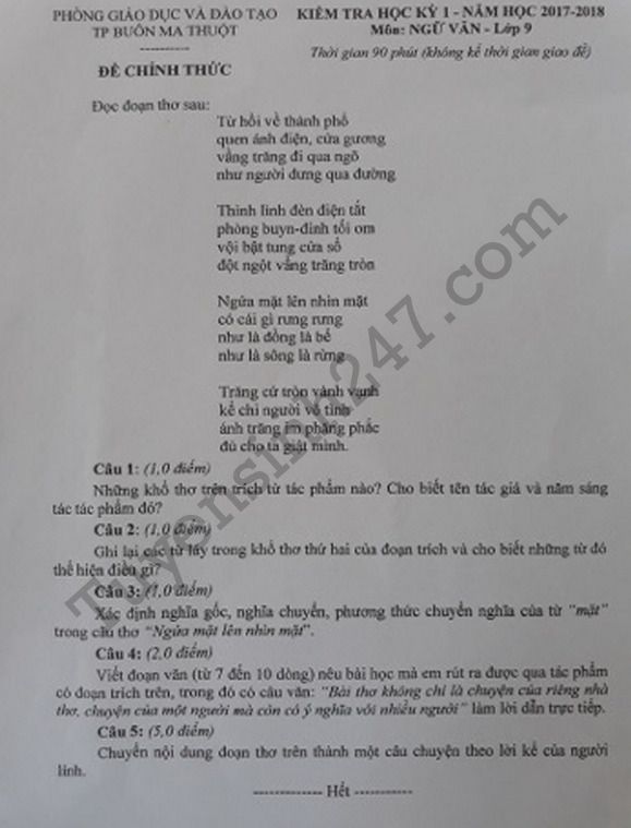 De thi ki 1 lop 9 mon Van nam 2017 - 2018 Phong GD Buon Ma Thuot