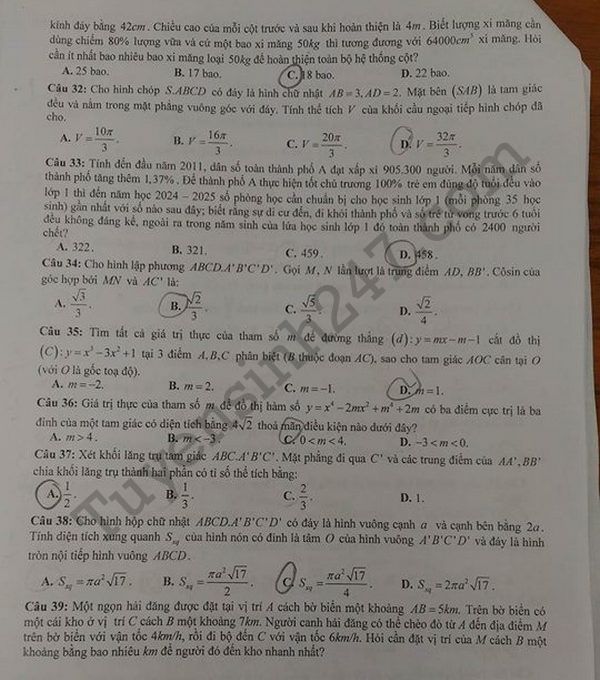 Dap an de thi thu THPTQG mon Toan - THPT Chuyen Tran Phu 2018