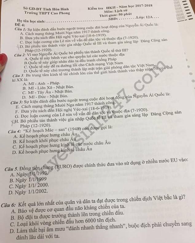 De thi ki 1 lop 12 mon Su THPT Cao Phong 2017