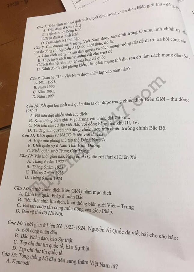 De thi ki 1 lop 12 mon Su THPT Cao Phong 2017