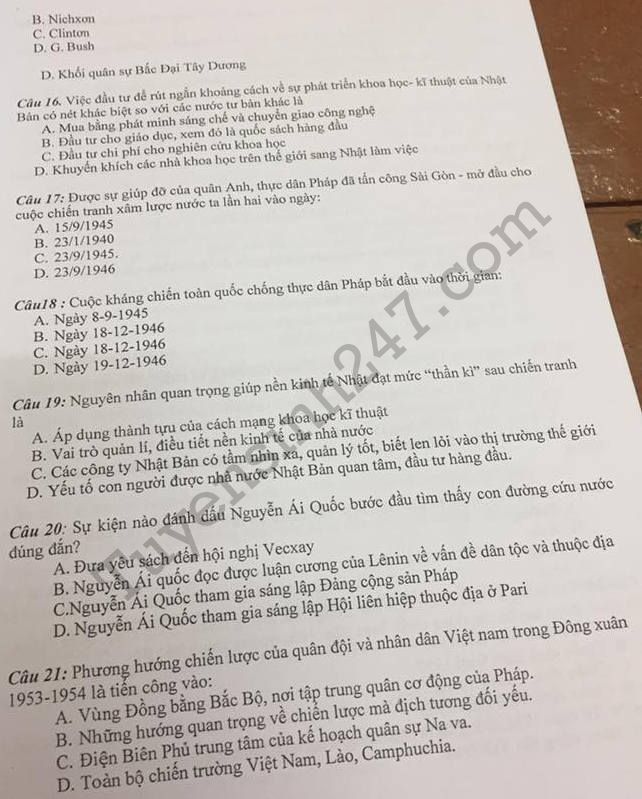 De thi ki 1 lop 12 mon Su THPT Cao Phong 2017