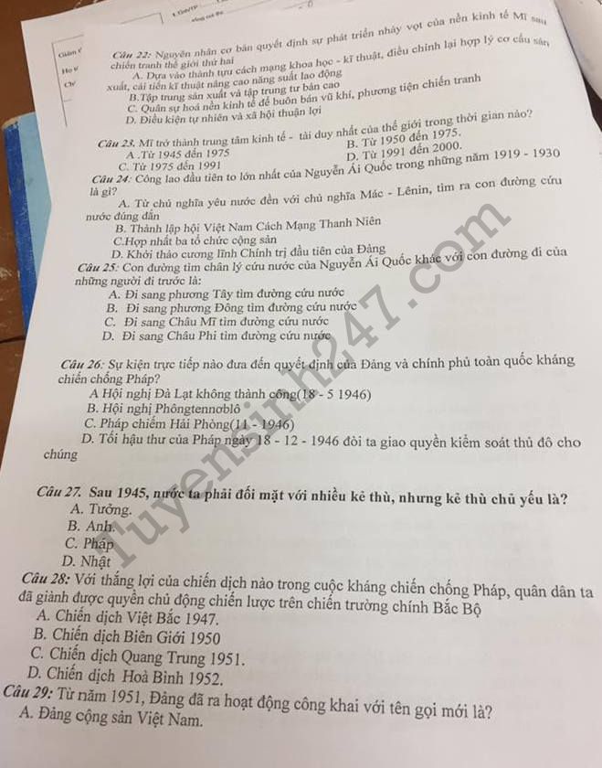 De thi ki 1 lop 12 mon Su THPT Cao Phong 2017
