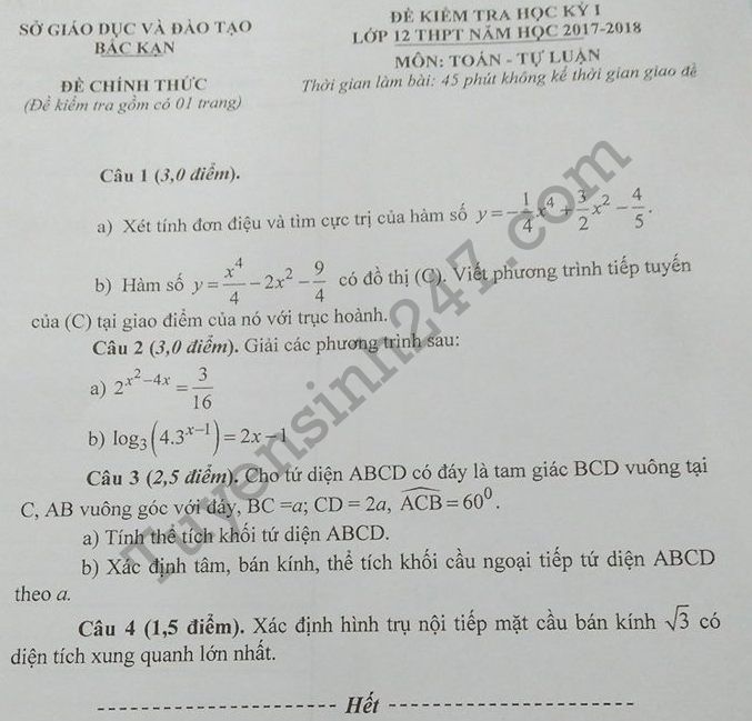 De thi hoc ki 1 lop 12 mon Toan So GD Bac Kan 2017