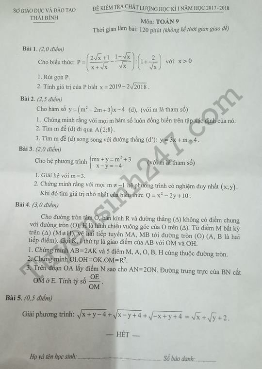 De thi hoc ki 1 lop 9 mon Toan - So GD Thai Binh 2017 - 2018