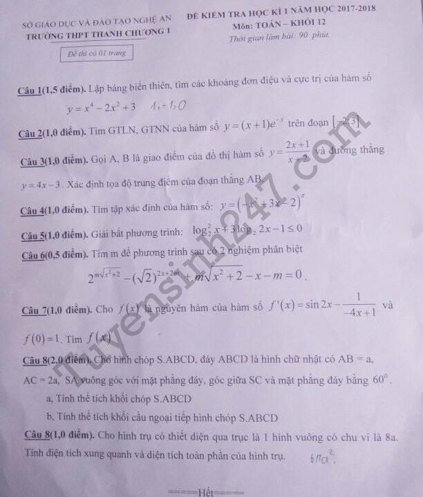 De thi hoc ki 1 lop 12 mon Toan THPT Thanh Chuong 1 nam 2017