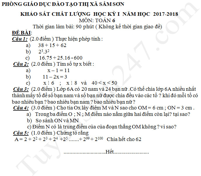 De thi cuoi ki 1 lop 6 mon Toan Phong GD Sam Son nam 2017