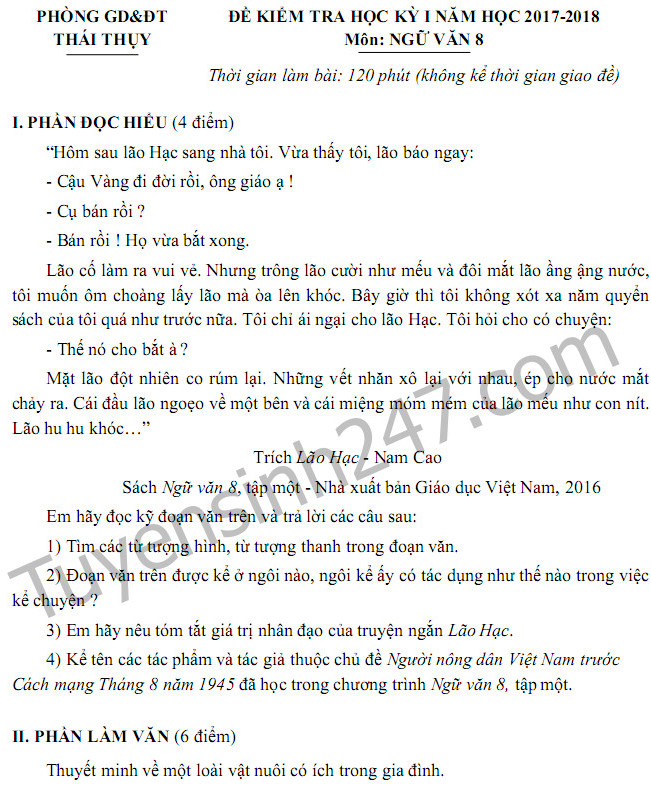 De thi ki 1 lop 8 mon Van Phong GD Thai Thuy nam 2017 - 2018