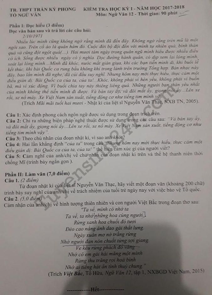 De thi ki 1 lop 12 mon Van THPT Tran Ky Phong nam 2017 - 2018