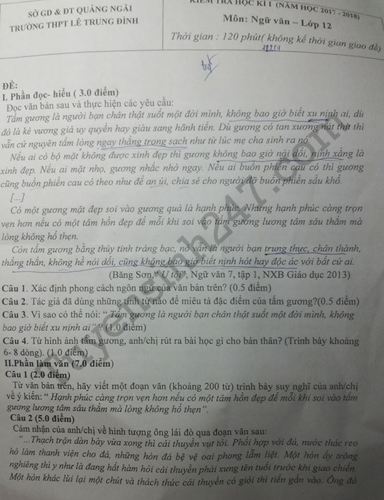De thi ki 1 lop 12 mon Van nam 2017 - THPT Le Trung Dinh