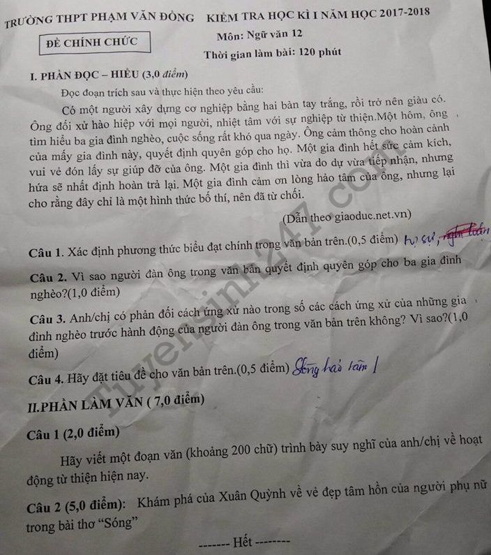 De thi cuoi ki 1 lop 12 mon Van THPT Pham Van Dong 2017