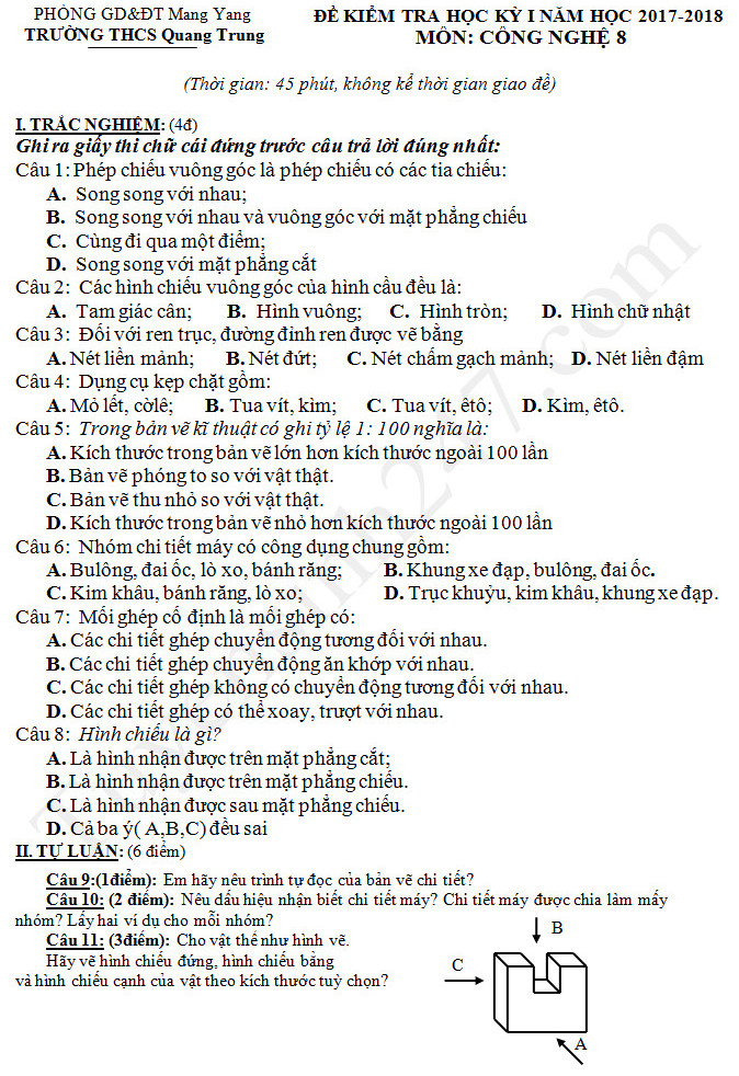 De thi ki 1 lop 8 mon Cong nghe - THCS Quang Trung nam 2017