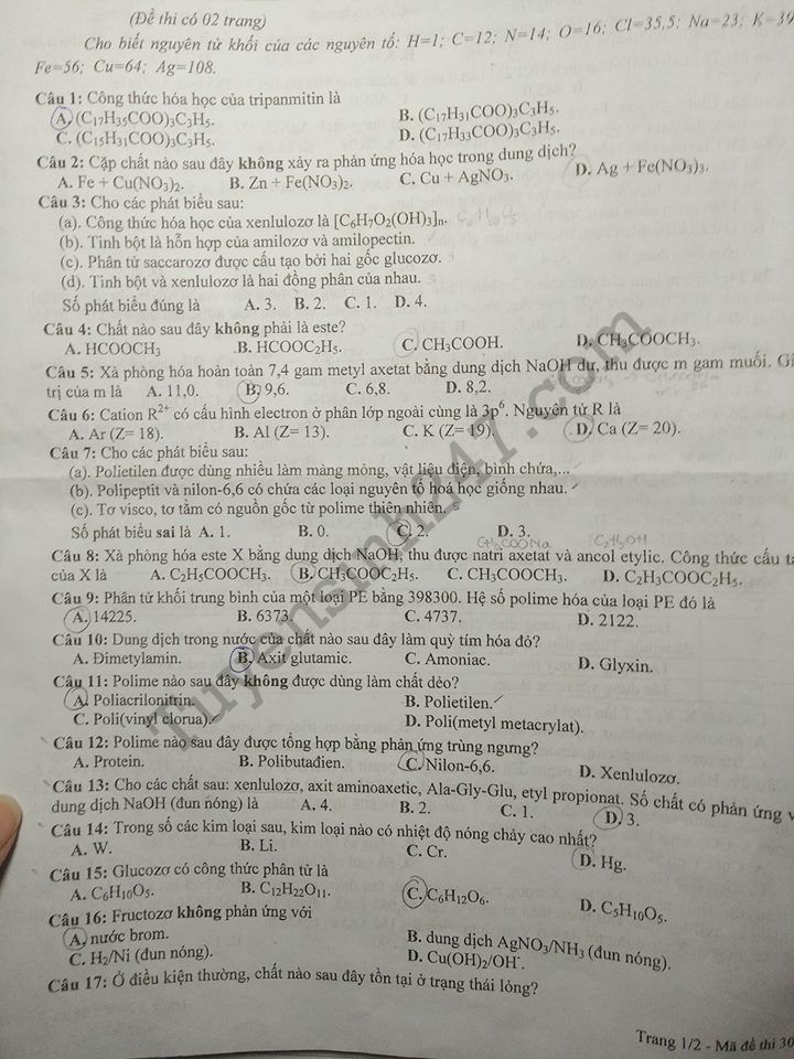 De thi ki 1 lop 12 mon Hoa So GD Quang Nam nam 2017 - 2018
