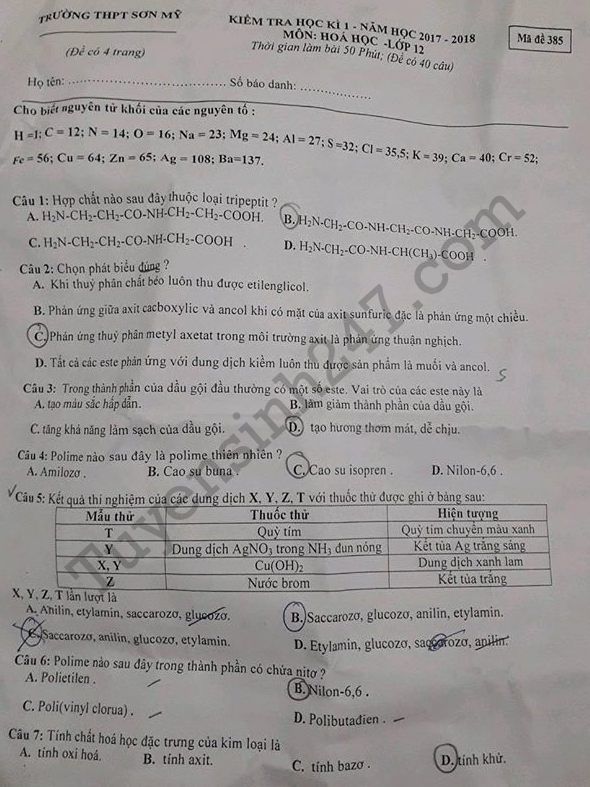 De thi ki 1 lop 12 mon Hoa nam 2017 - 2018 THPT Son My