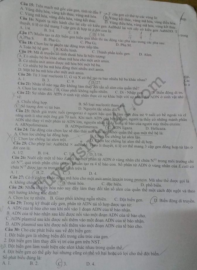 De thi ki 1 lop 12 mon Sinh nam 2017 - 2018 THPT Le Quy Don