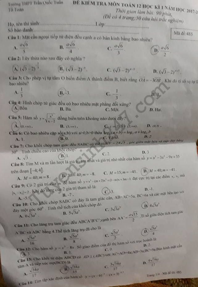 De thi ki 1 lop 12 mon Toan - THPT Tran Quoc Tuan 2017