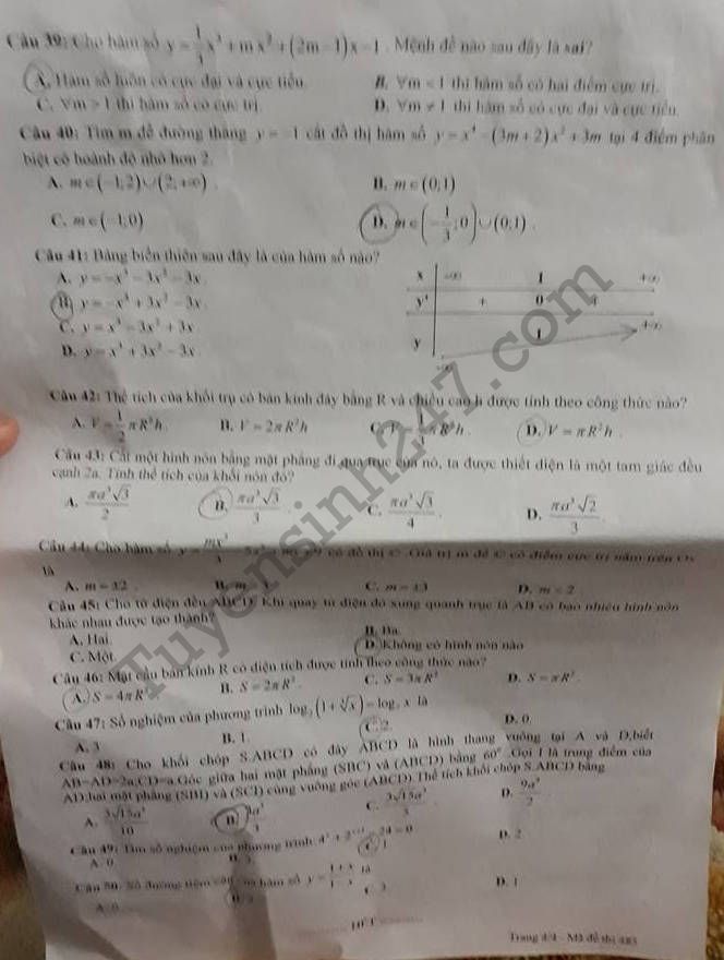 De thi ki 1 lop 12 mon Toan - THPT Tran Quoc Tuan 2017