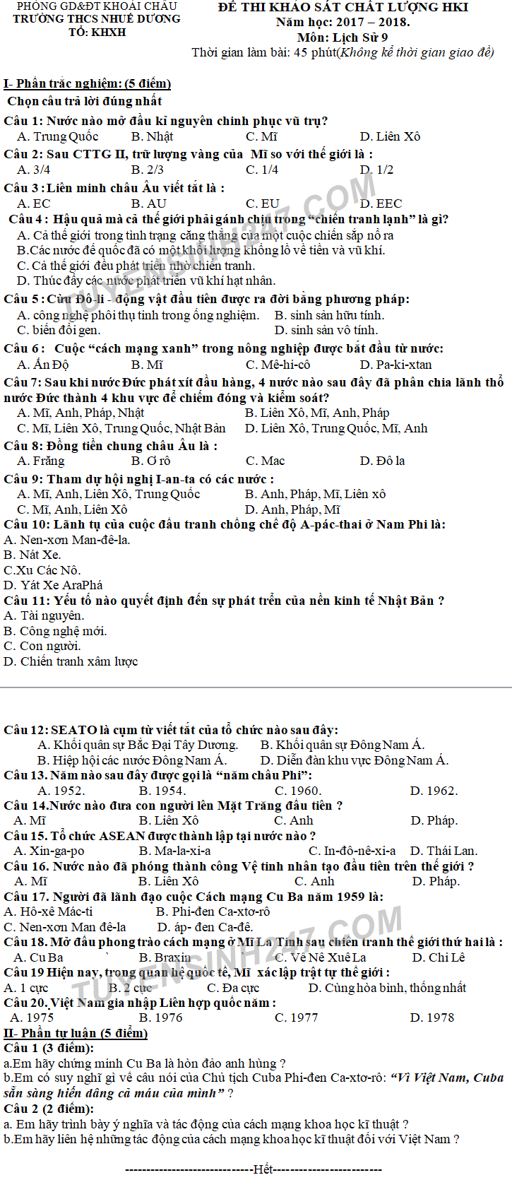 De kiem tra ki 1 mon Su lop 9 nam 2017 - 2018 THCS Nhue Duong