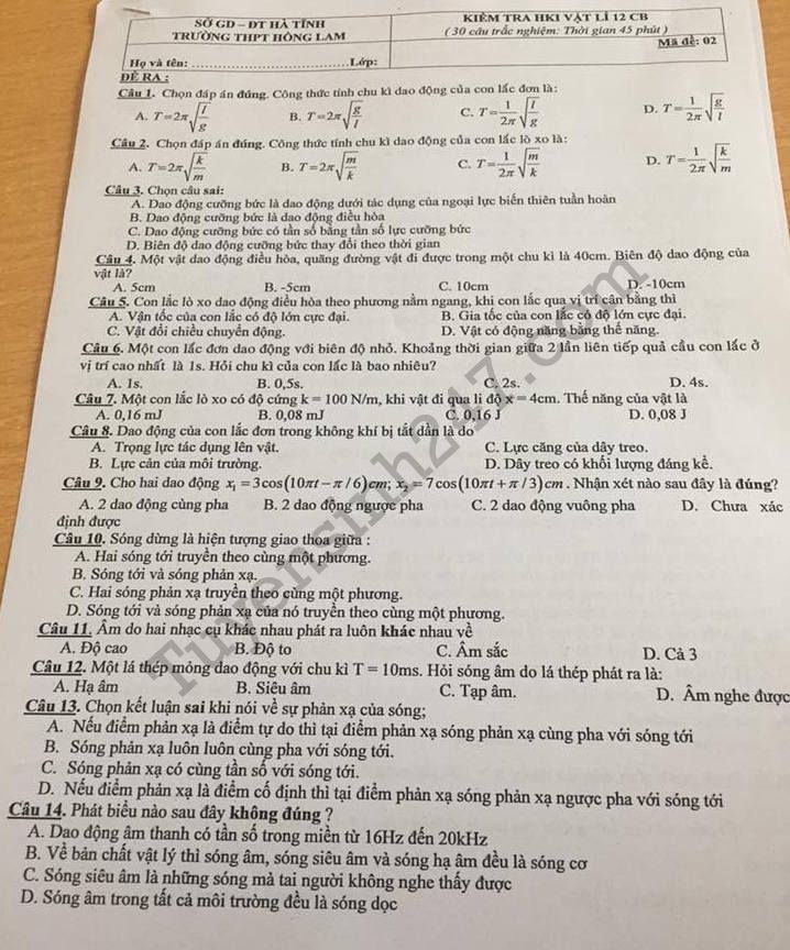 De thi hoc ki 1 lop 12 mon Ly THPT Hong Lam 2017 - 2018