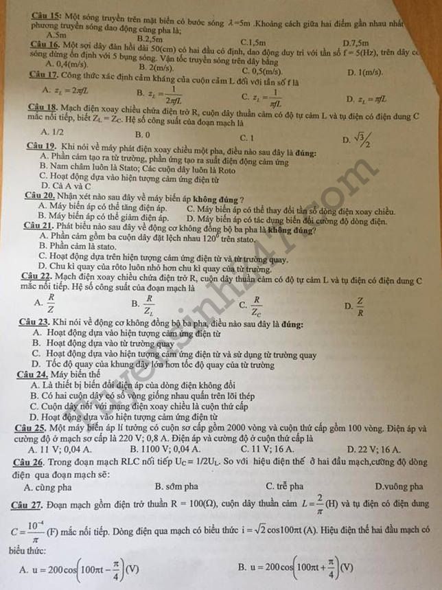 De thi hoc ki 1 lop 12 mon Ly THPT Hong Lam 2017 - 2018