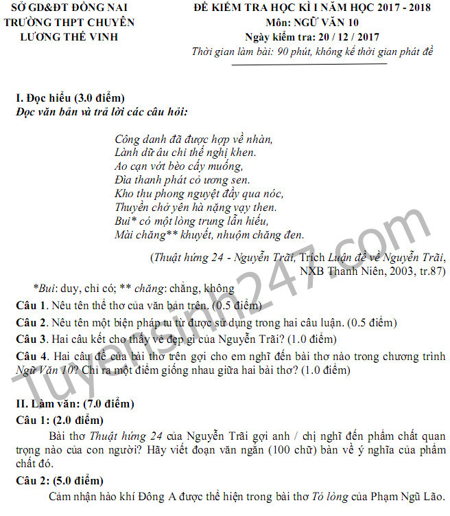 De thi ki 1 lop 10 mon Van Chuyen Luong The Vinh 2017 - 2018