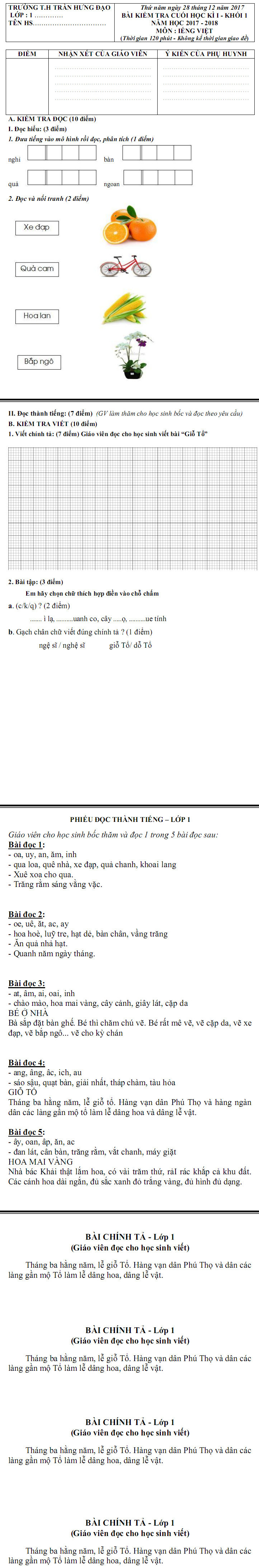 De thi ki 1 lop 1 mon Tieng Viet nam hoc 2017 - 2018 TH Tran Hung Dao
