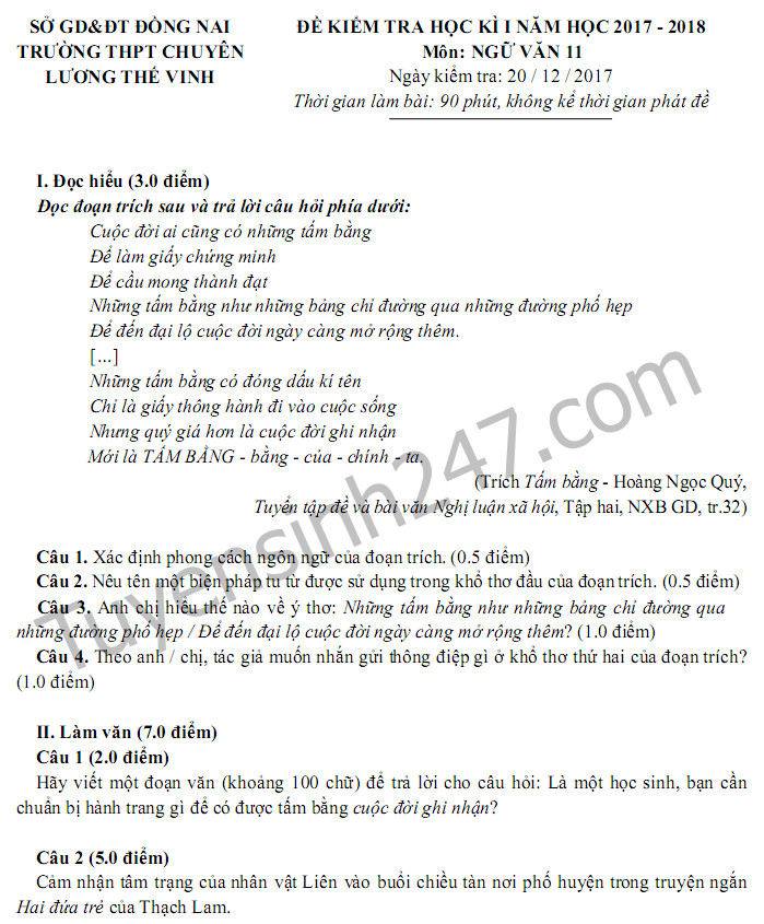 De thi ki 1 lop 11 mon Van - THPT Chuyen Luong The Vinh 2017