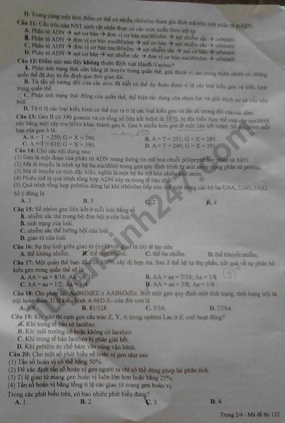 Dap an de thi ki 1 lop 12 mon Sinh - So GD Khanh Hoa 2017