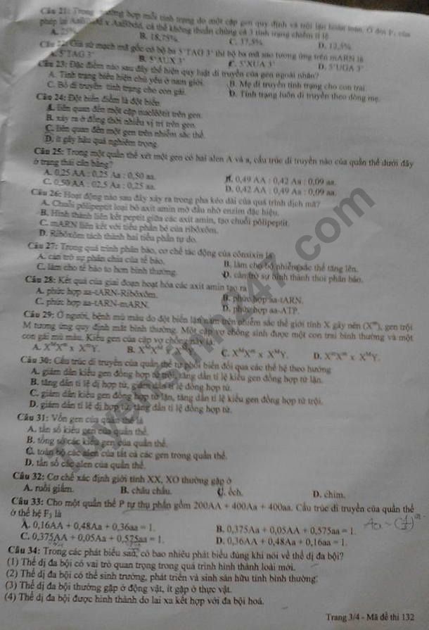 Dap an de thi ki 1 lop 12 mon Sinh - So GD Khanh Hoa 2017