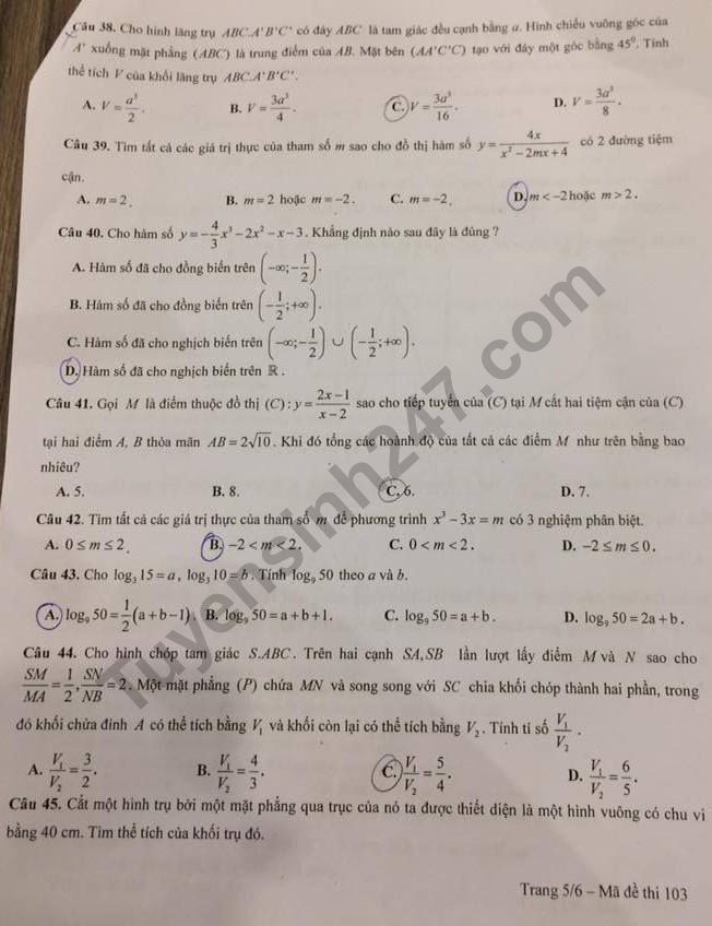 De thi ki 1 lop 12 mon Toan - THPT Chuyen Phan Ngoc Hien 2017