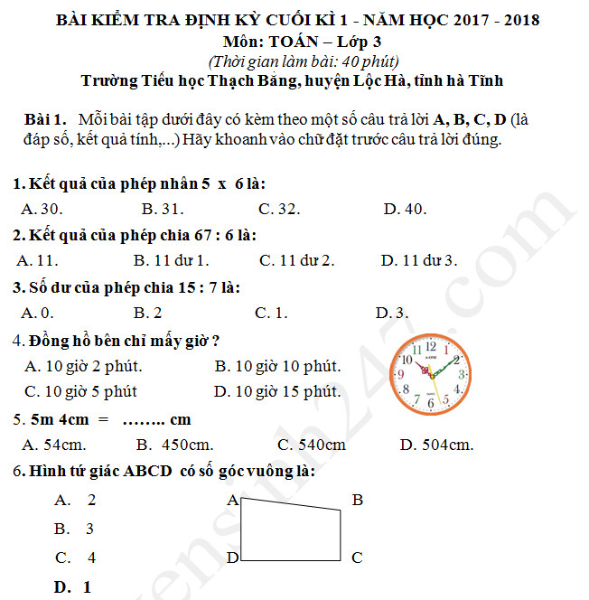 De thi hoc ki 1 mon Toan lop 3 TH Thach Bang 2017 - 2018