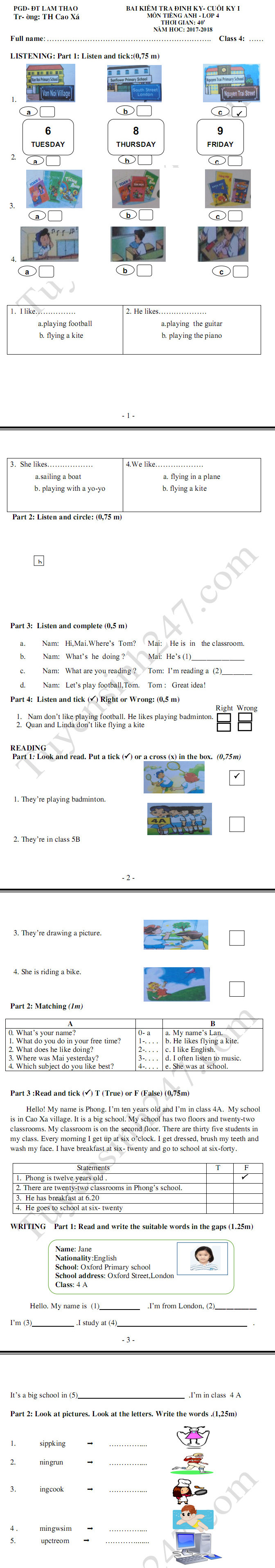 De thi ki 1 lop 4 mon Anh TH Cao Xa nam 2017 - 2018