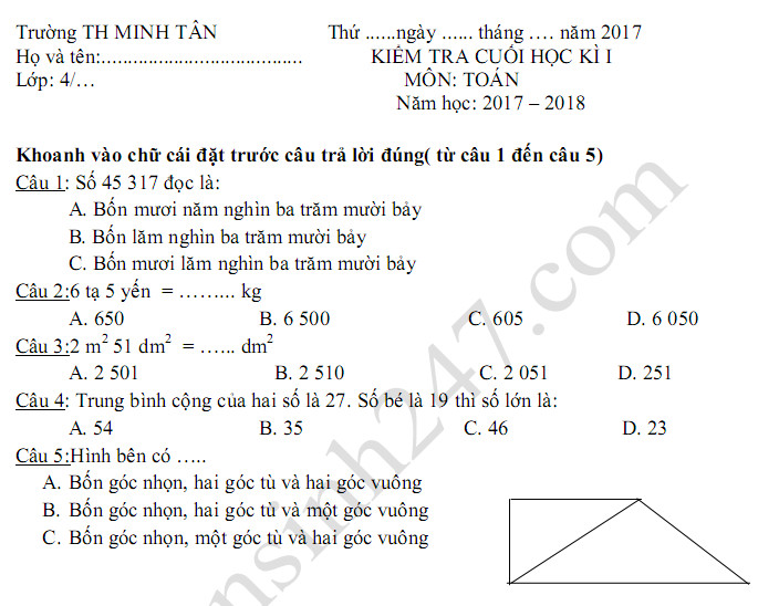 De thi ki 1 mon Toan lop 4 TH Minh Tan nam 2017 - 2018