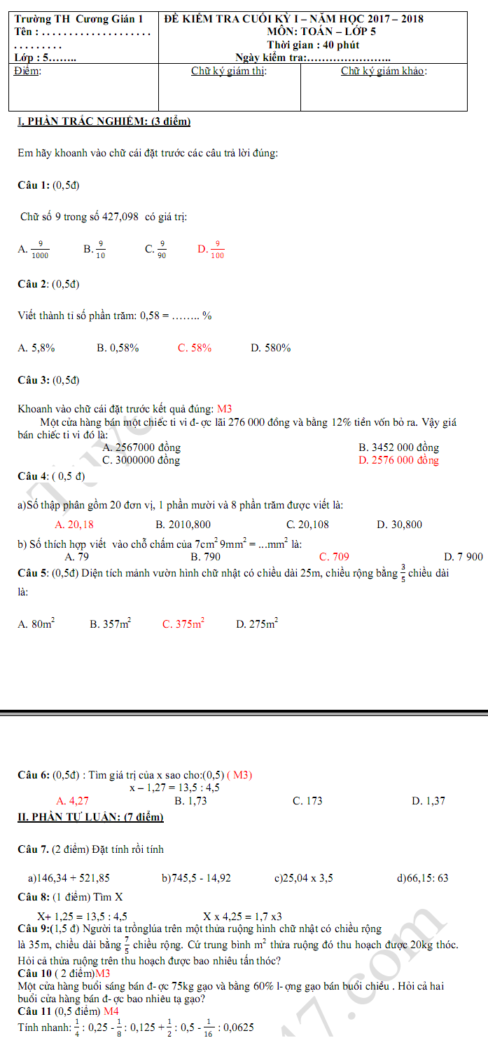 De thi ki 1 lop 5 mon Toan TH Cuong Gian 2017 - 2018