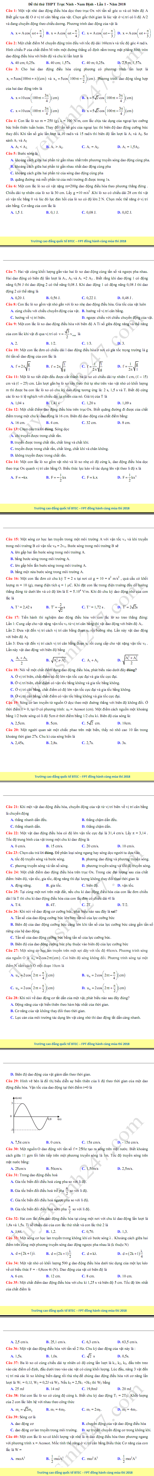 De thi thu THPTQG mon Ly 2018 THPT Truc Ninh